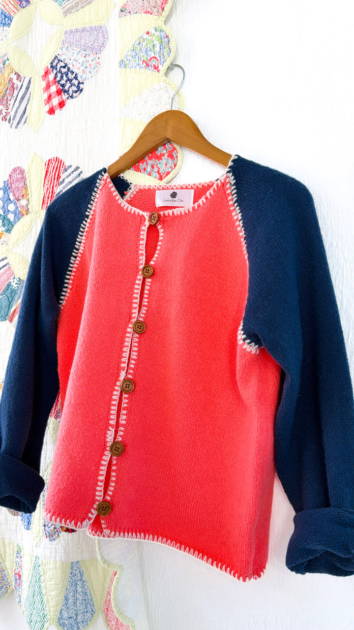 Raspberry Knit Cardigan, Punch/Navy