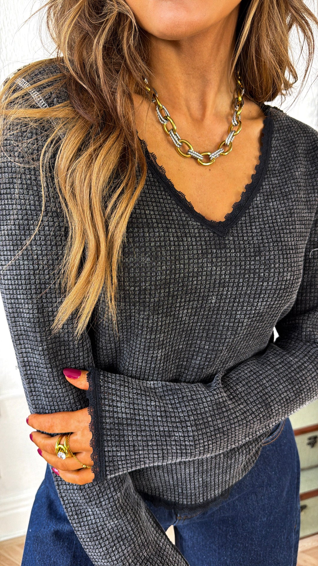 Adore You Waffle Knit Top, Black