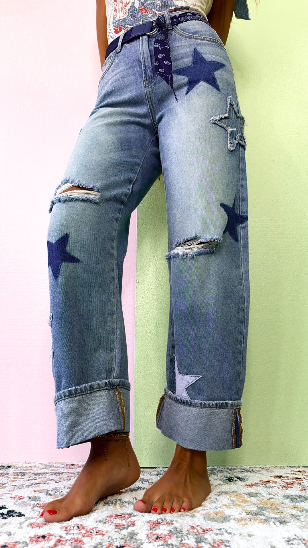 Lucky Star Patched Jeans, Medium Wash