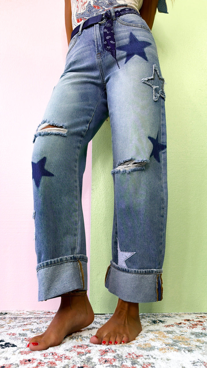 Lucky Star Patched Jeans, Medium Wash