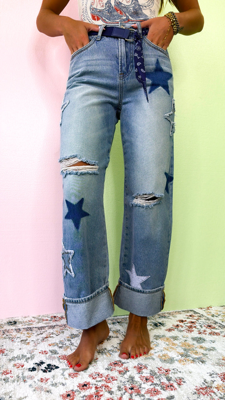 Lucky Star Patched Jeans, Medium Wash