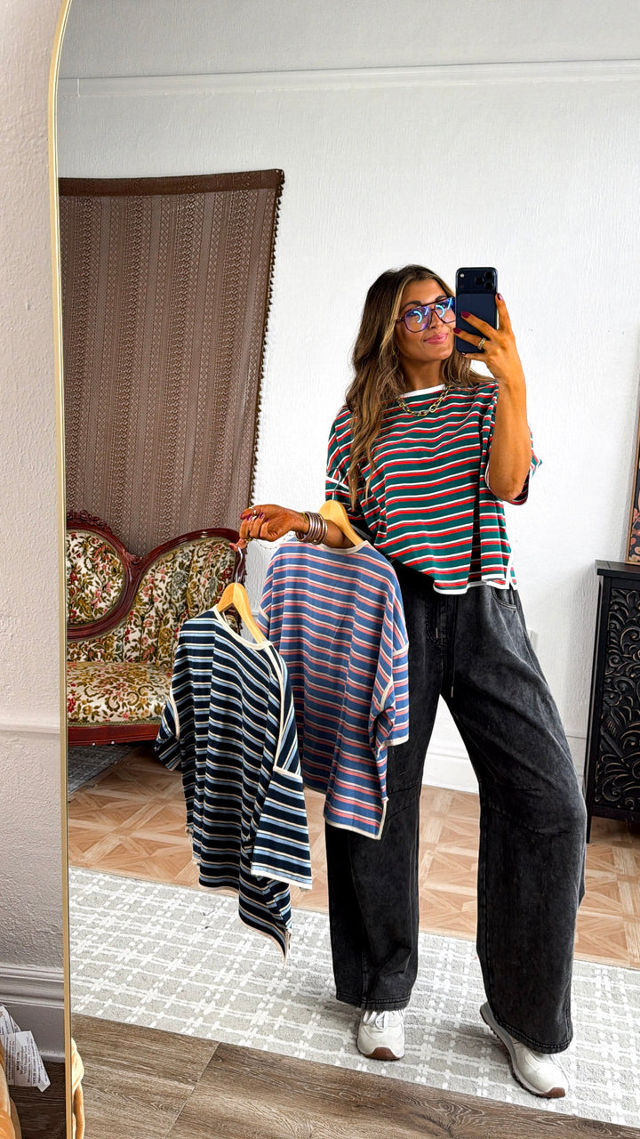 Retro Spirit Stripe Top, Denim/ Salmon