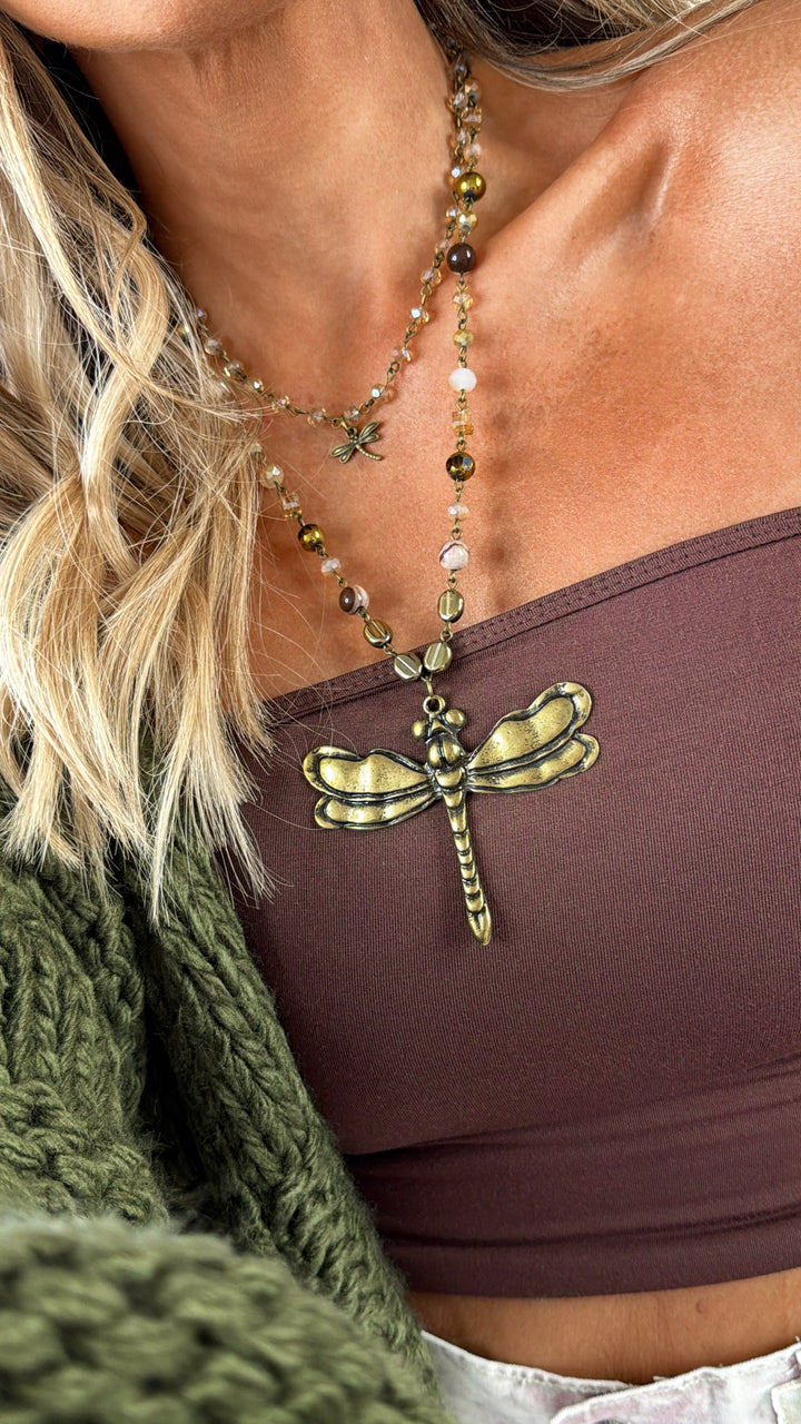 Whispering Bronze Dragonfly Layered Necklace