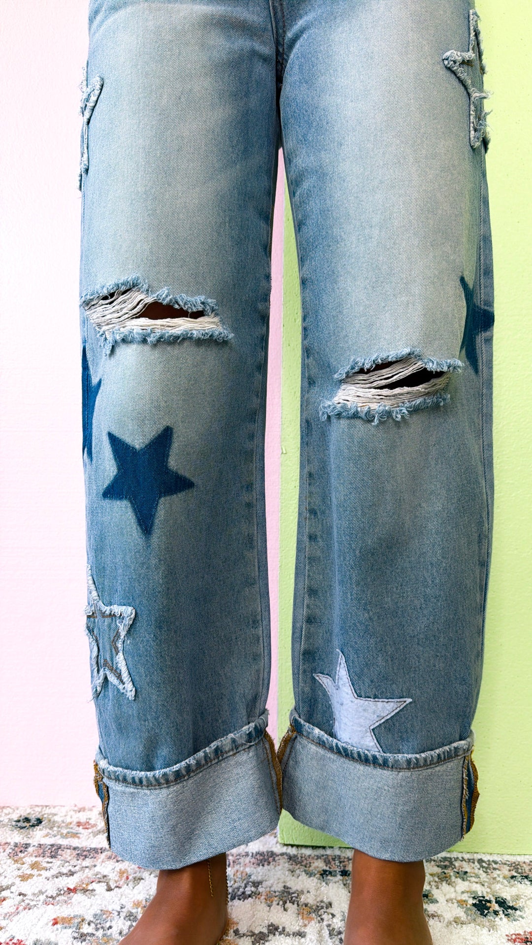 Lucky Star Patched Jeans, Medium Wash