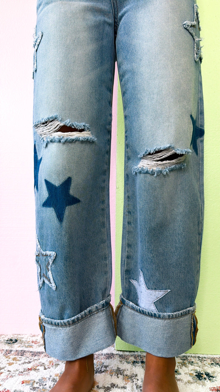 Lucky Star Patched Jeans, Medium Wash