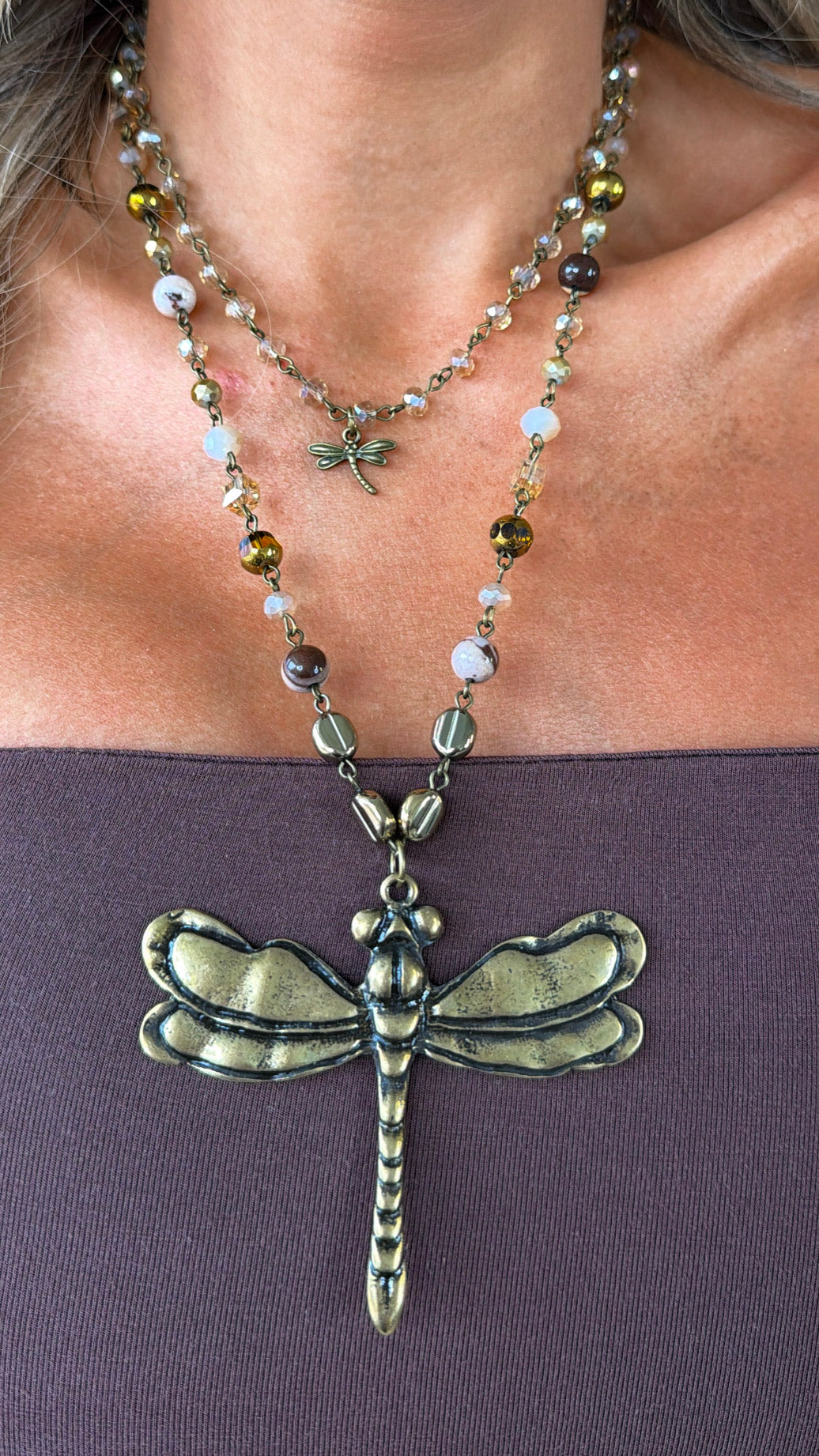 Whispering Bronze Dragonfly Layered Necklace