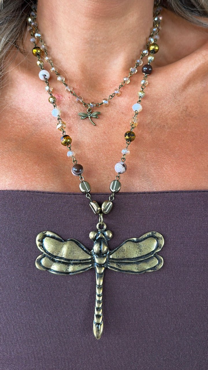 Whispering Bronze Dragonfly Layered Necklace