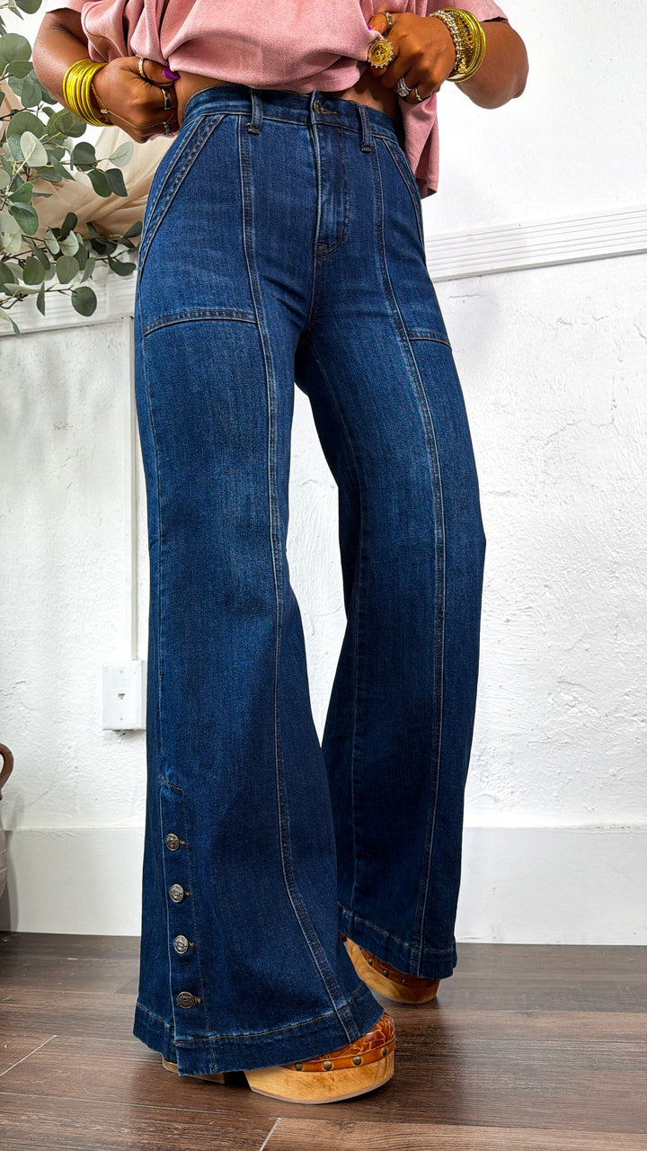 Kai Wide Leg Button Slit Denim, Dark