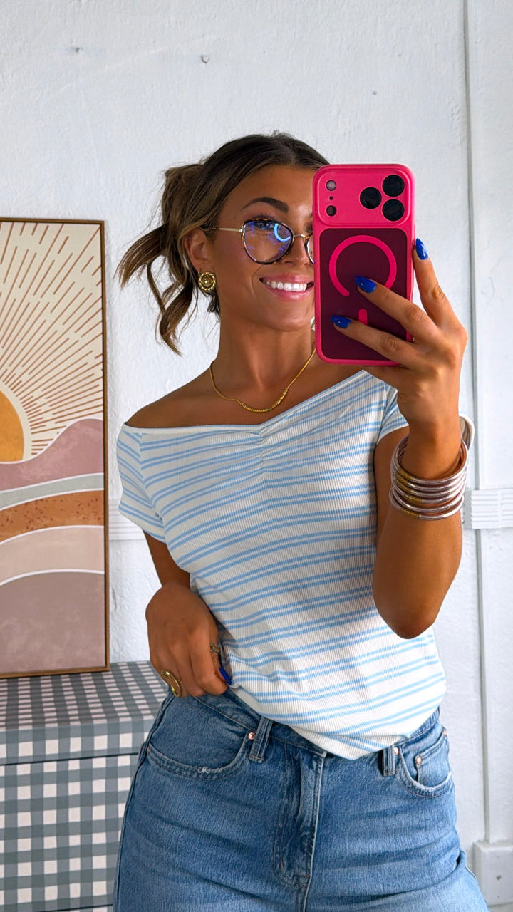 Soft Stripe Baby Tee, Sky/Cream