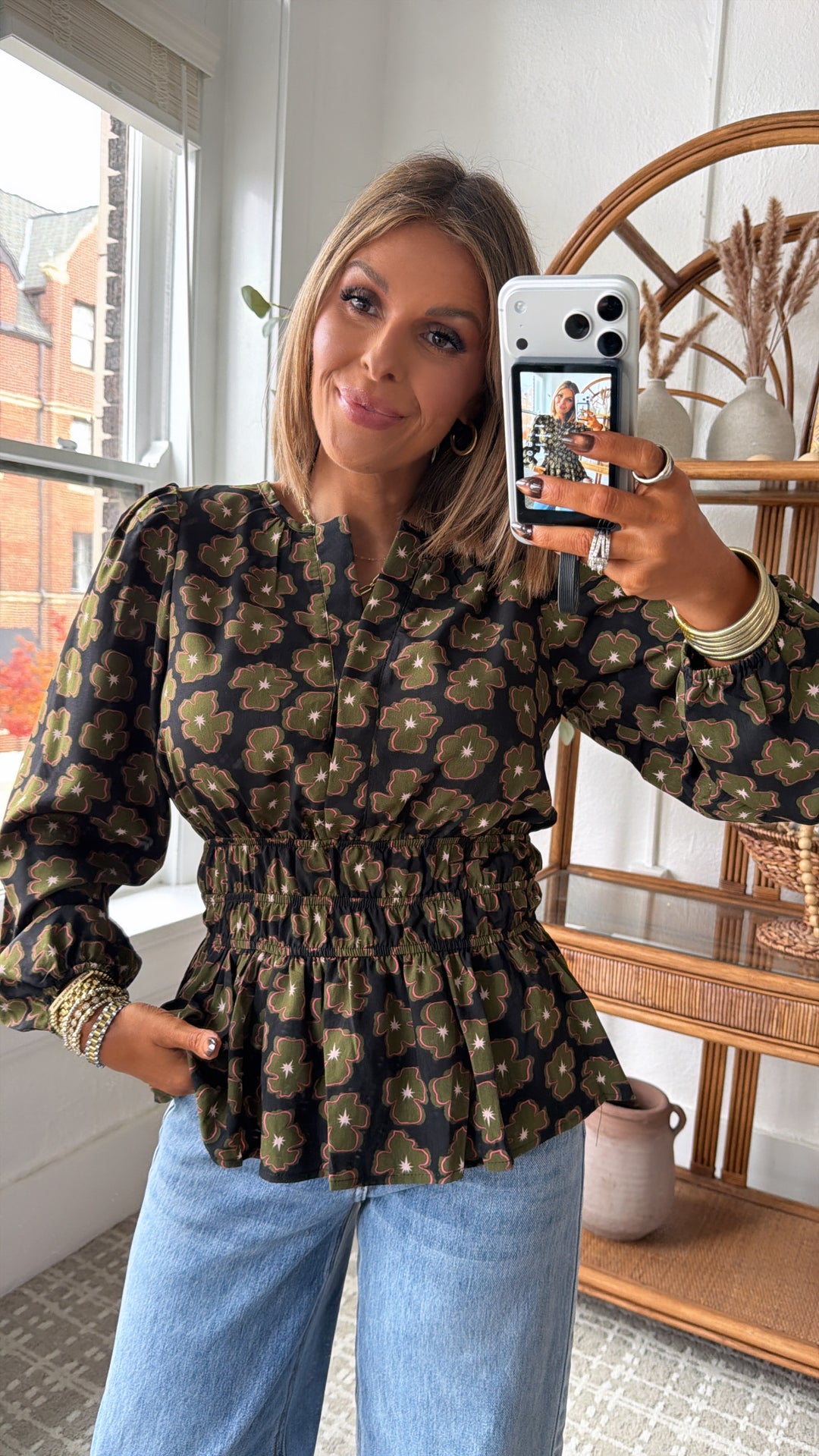 Indy Bell Blouse, Black/ Olive