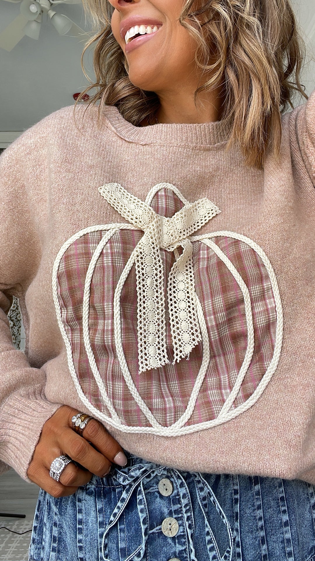 Plaid Pumpkin Cutie Sweater, Oatmeal