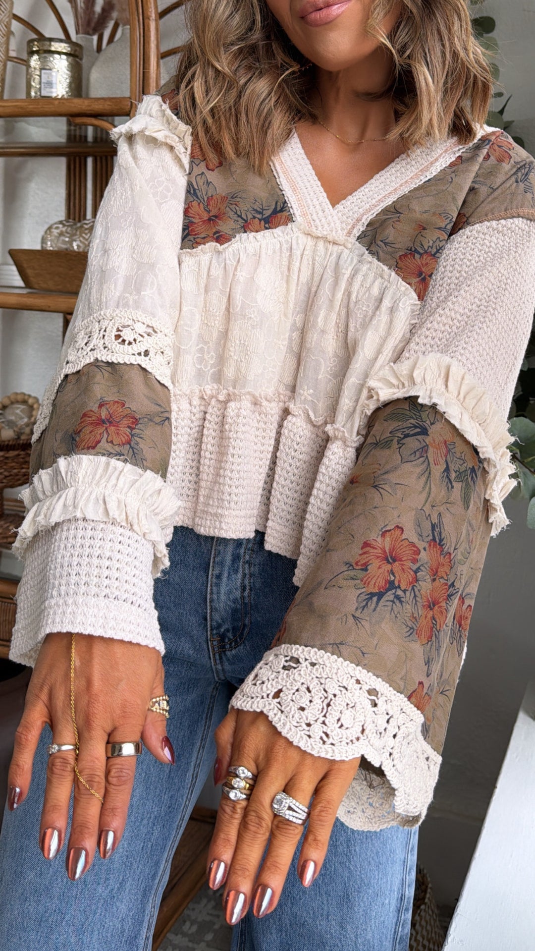 Hibiscus Blooms Patchwork Top, Cream Multi