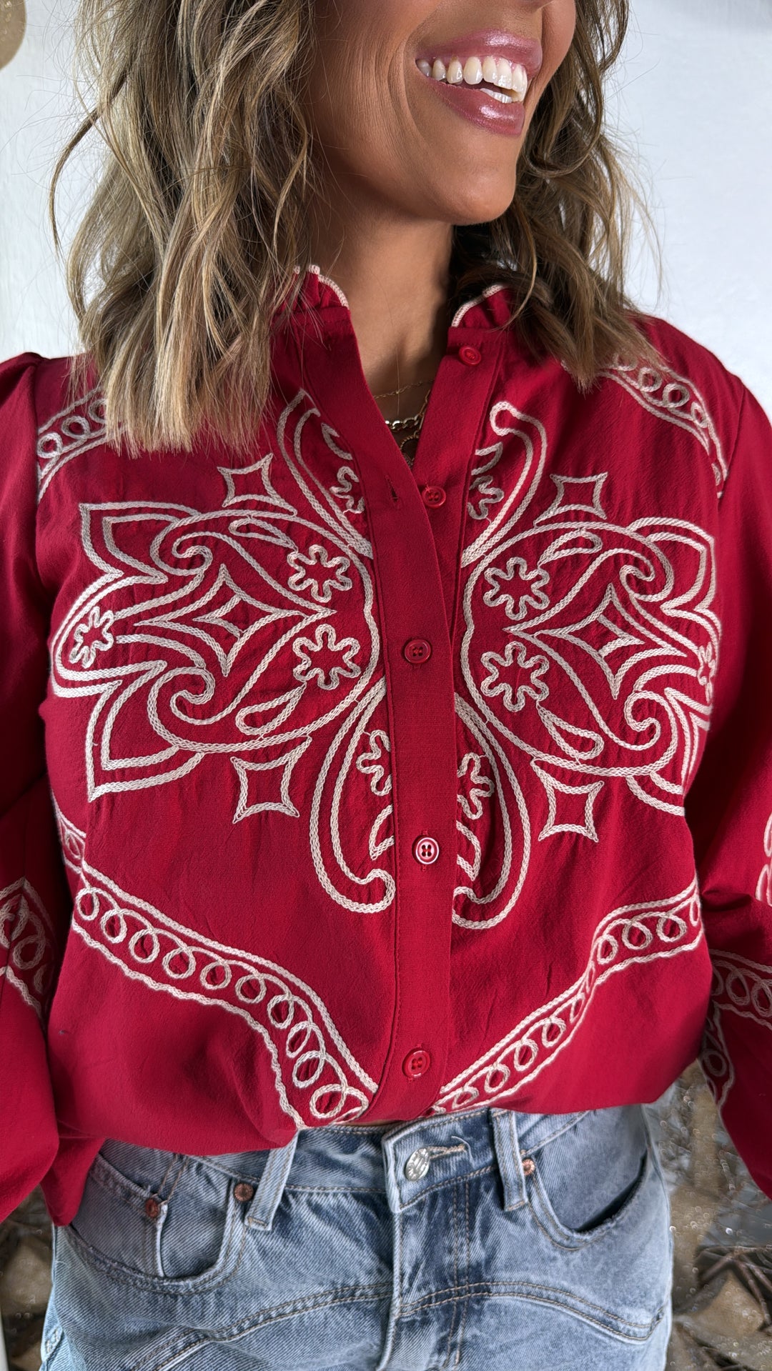 Sundance Ruffle Embroidered Button Up Top, Ruby Red