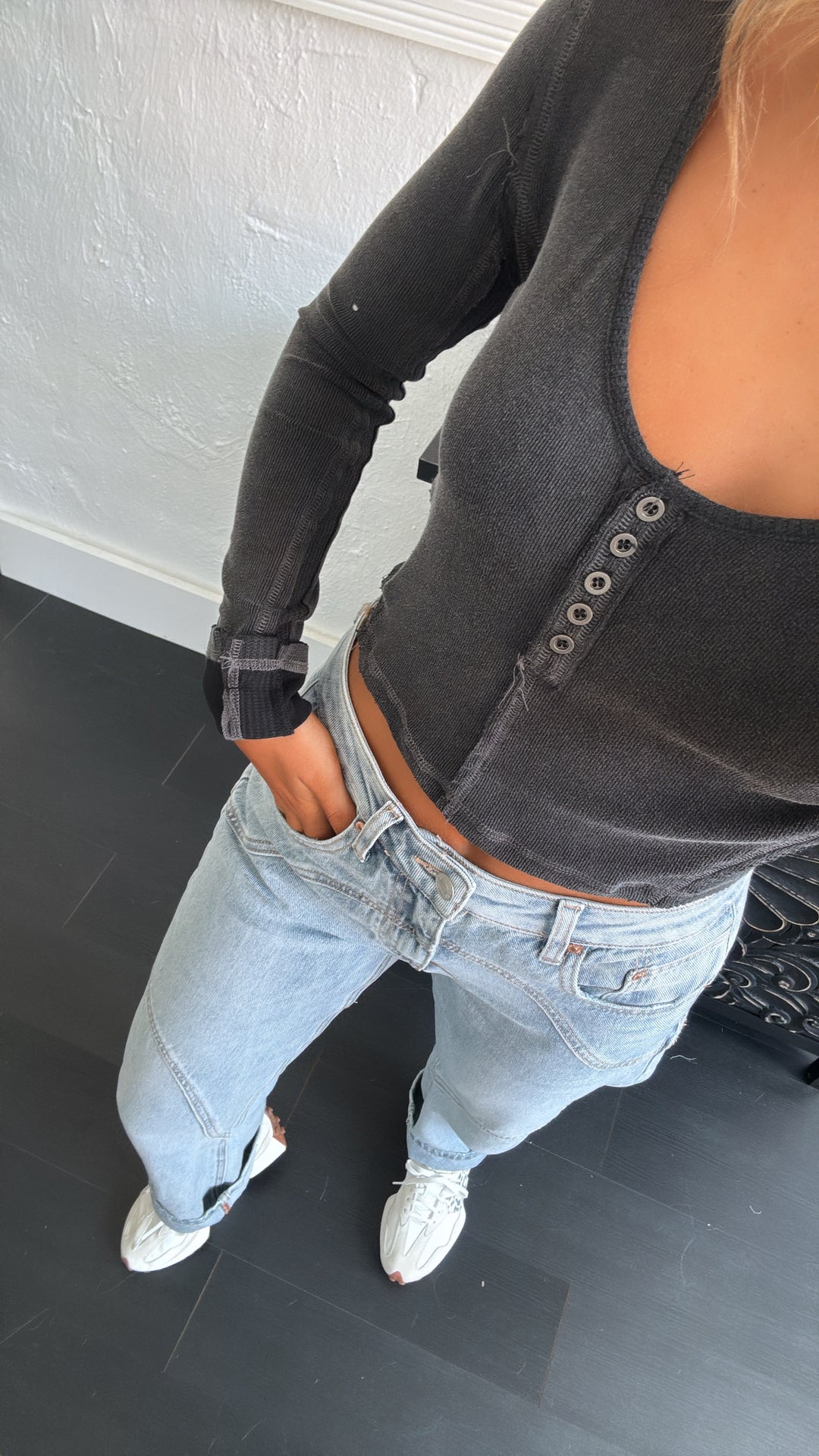 Knit Crop Long Sleeve Button Top, Black