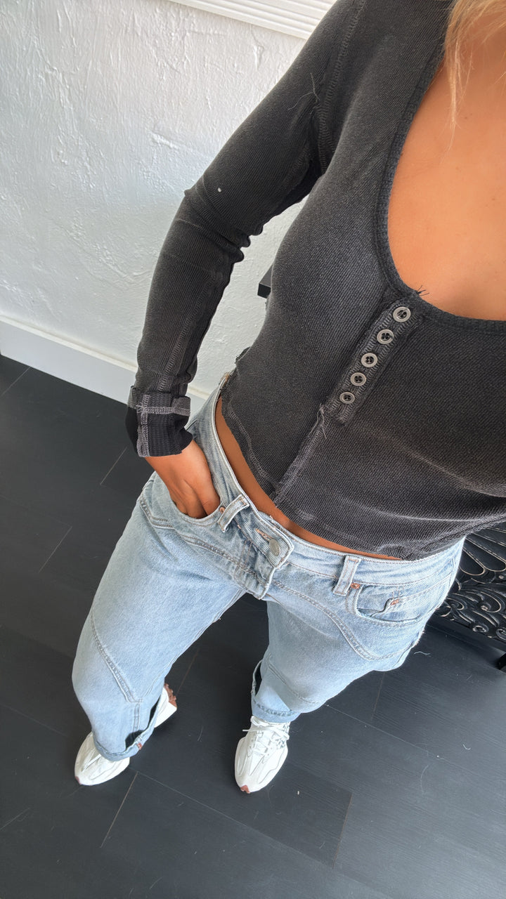 Knit Crop Long Sleeve Button Top, Black