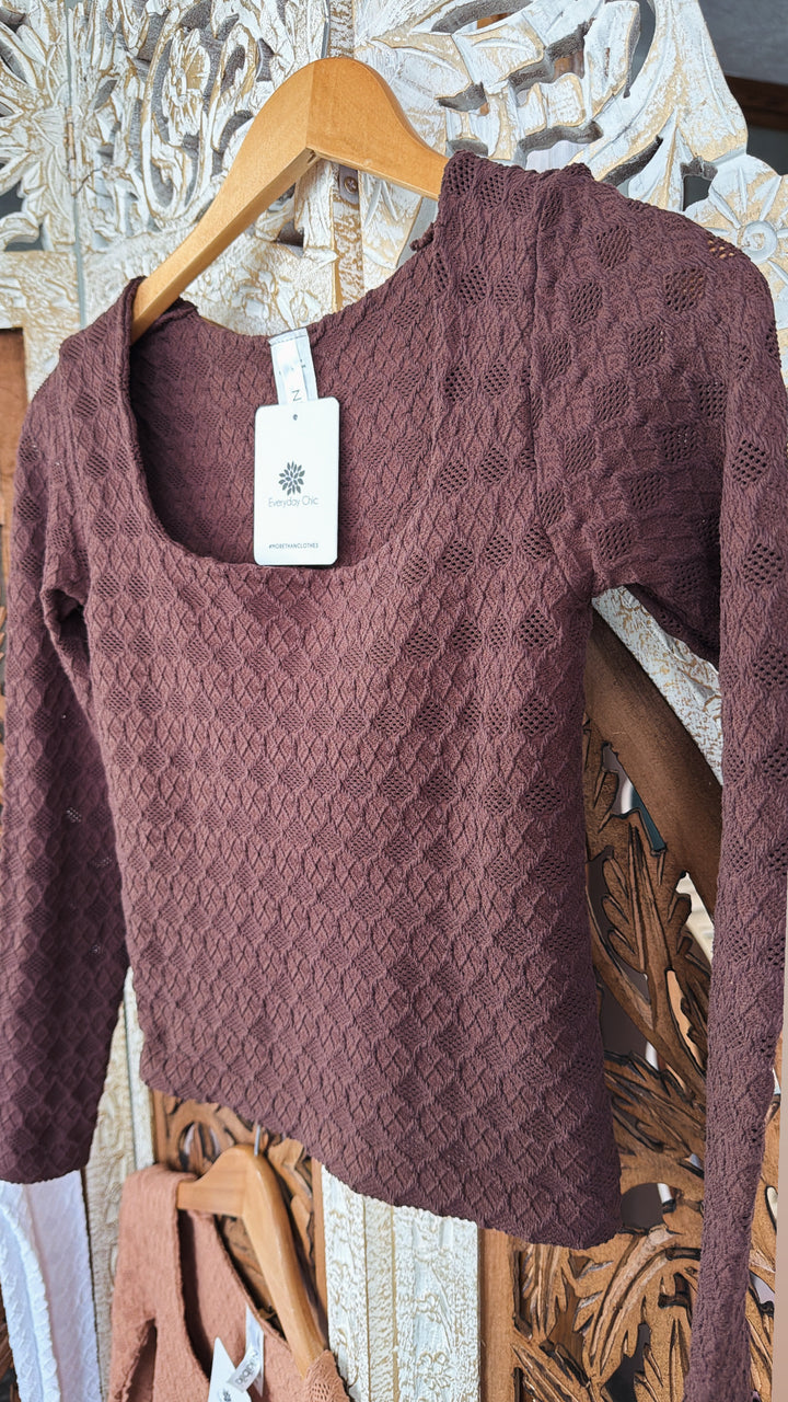 Lace Texture Square Neck Top, French Roast