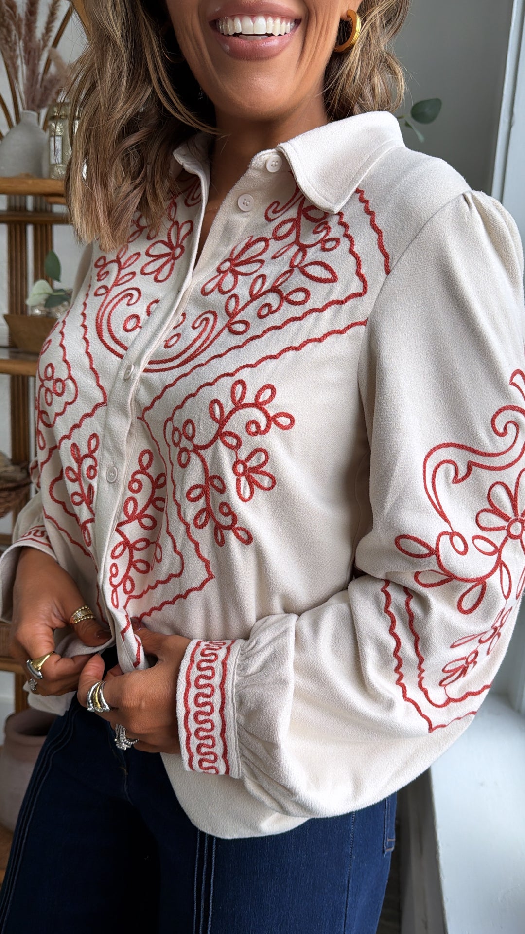 Prairie Bound Suede Button Up, Ecru/Rust