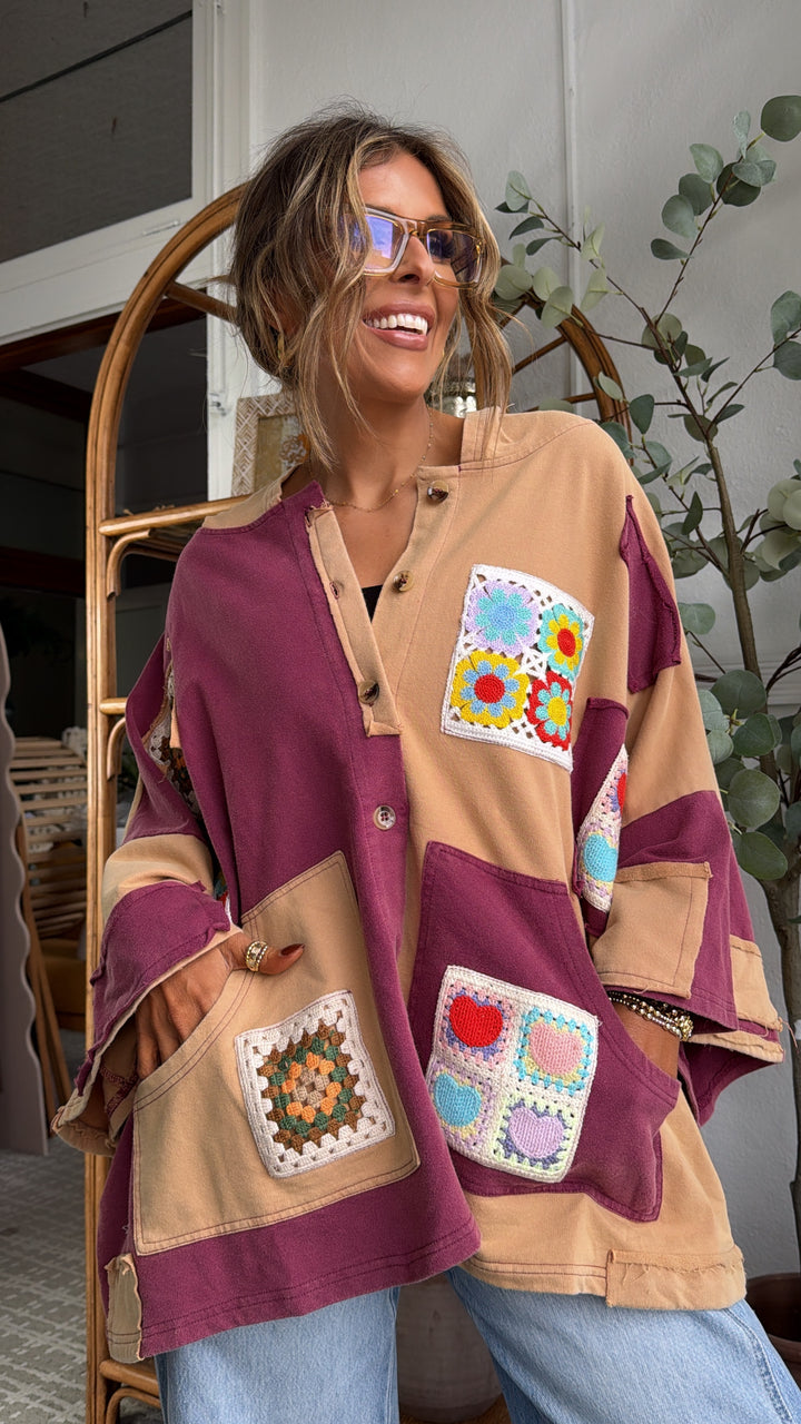 Patchwork Muse Button Up, Wine/Multi