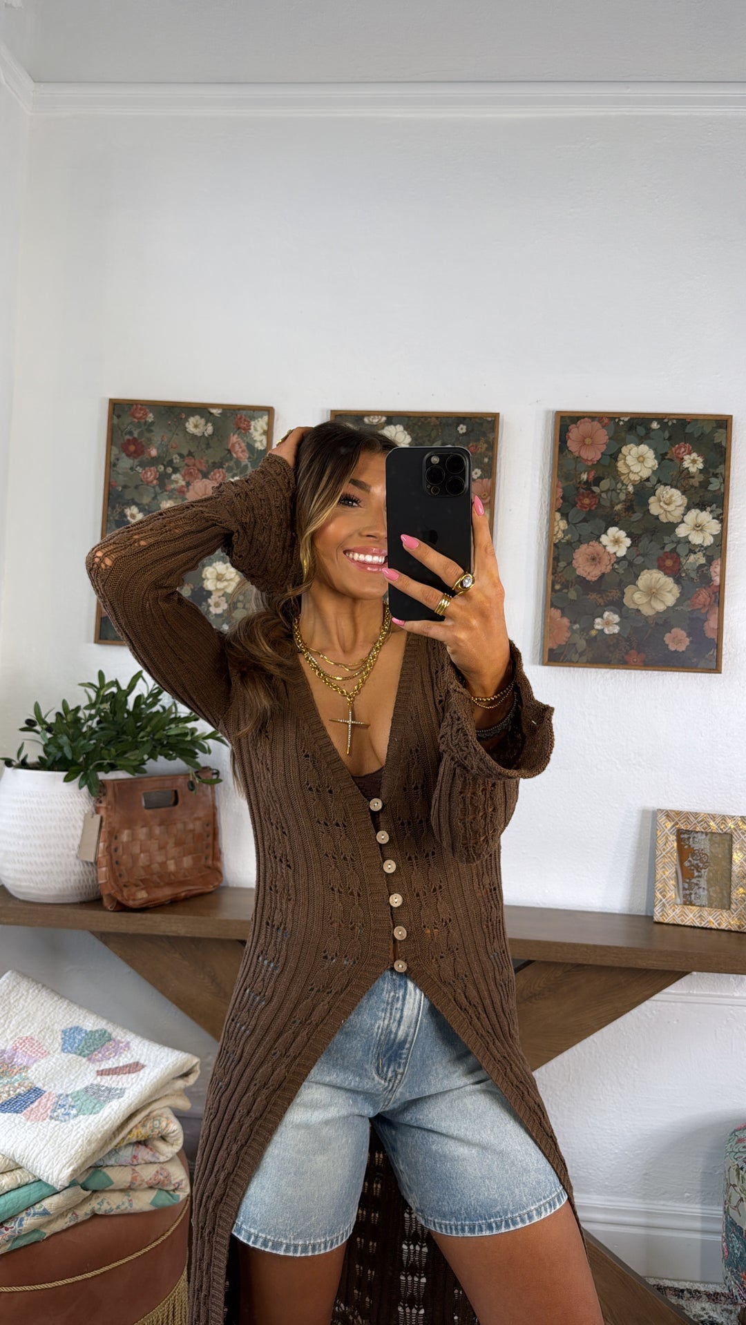 Rustic Rose Knit Long Cardigan, Mocha