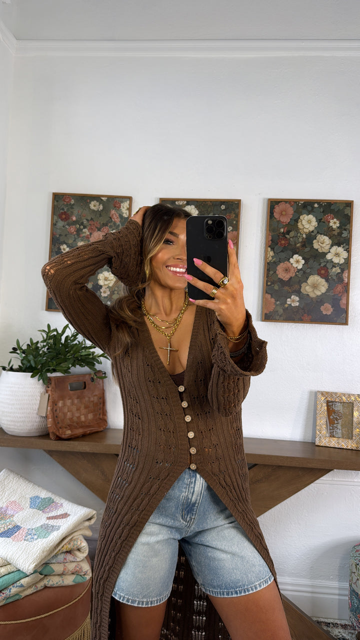 Rustic Rose Knit Long Cardigan, Mocha