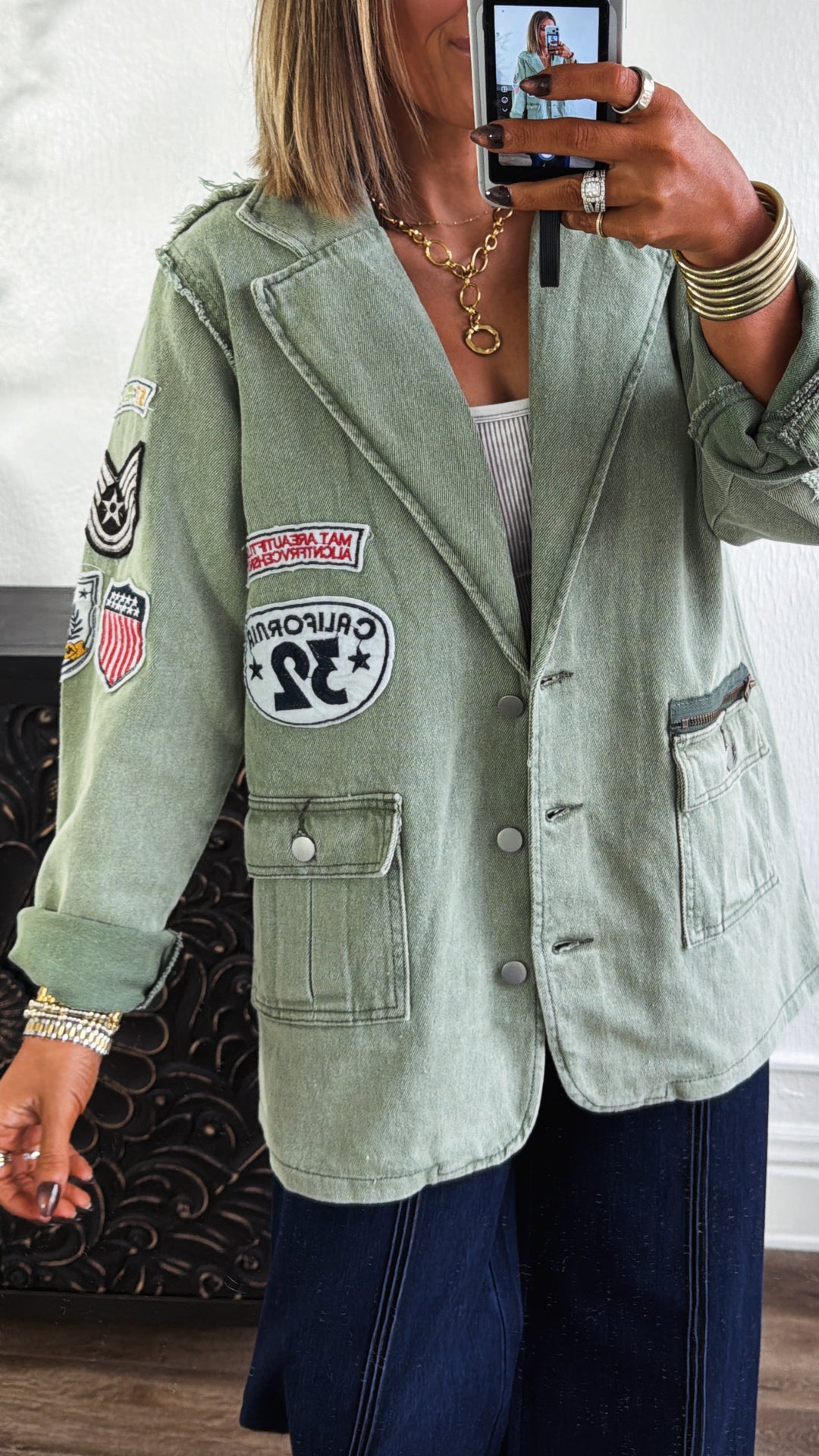Vintage Patched Military Blazer, Powder Matcha