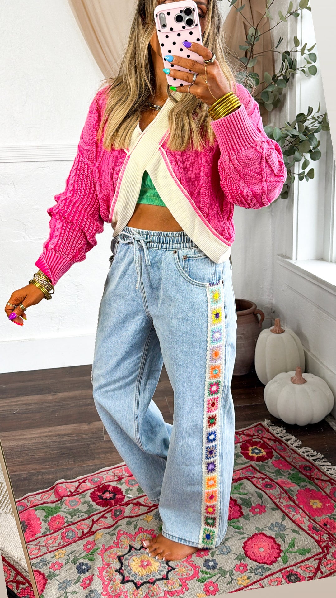 Granny Square Detail Pants, Denim