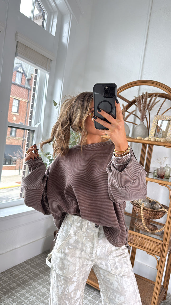 DOORBUSTER: Acid Washed Ribbed Cropped Pullover, Brown