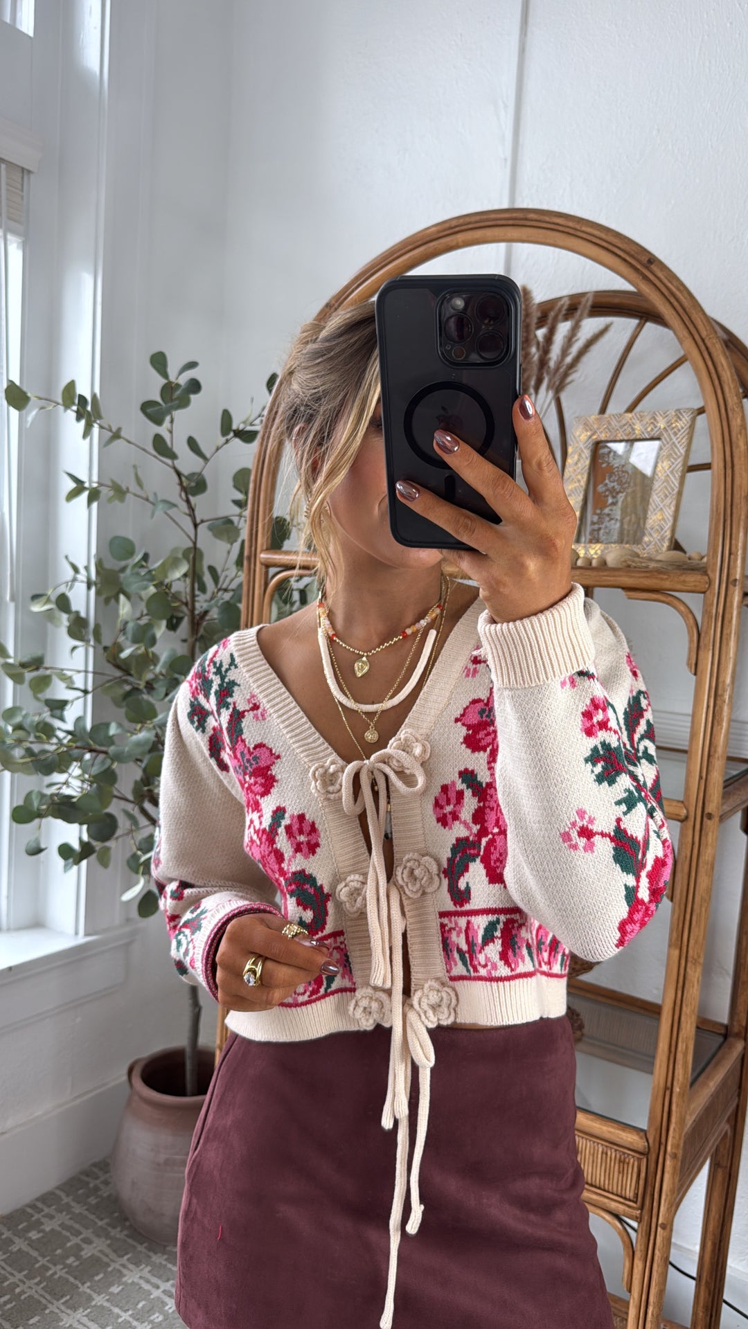 RoseAnn Knit Cardigan, Ivory/Red Floral