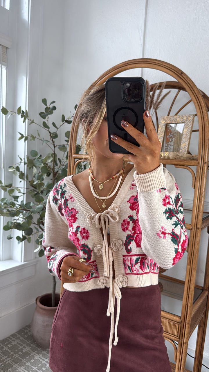 RoseAnn Knit Cardigan, Ivory/Red Floral