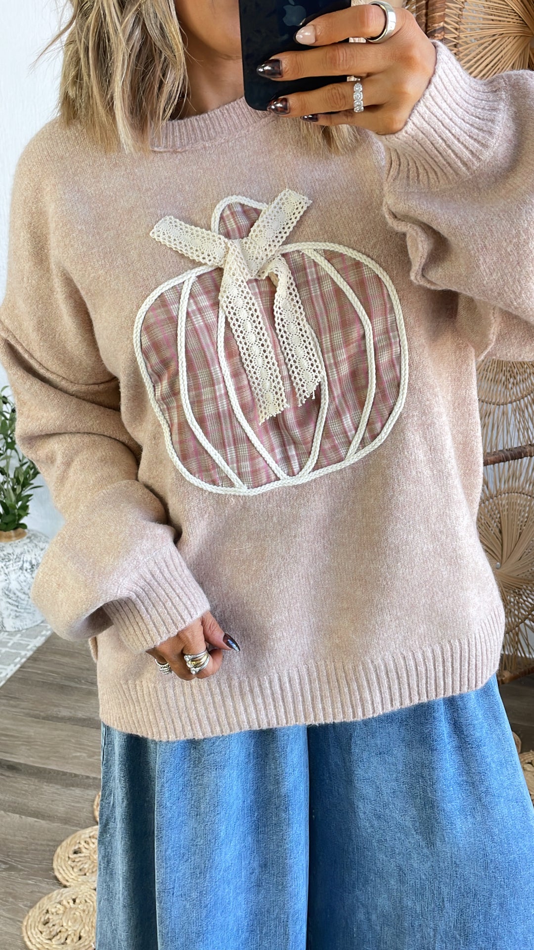 Plaid Pumpkin Cutie Sweater, Oatmeal