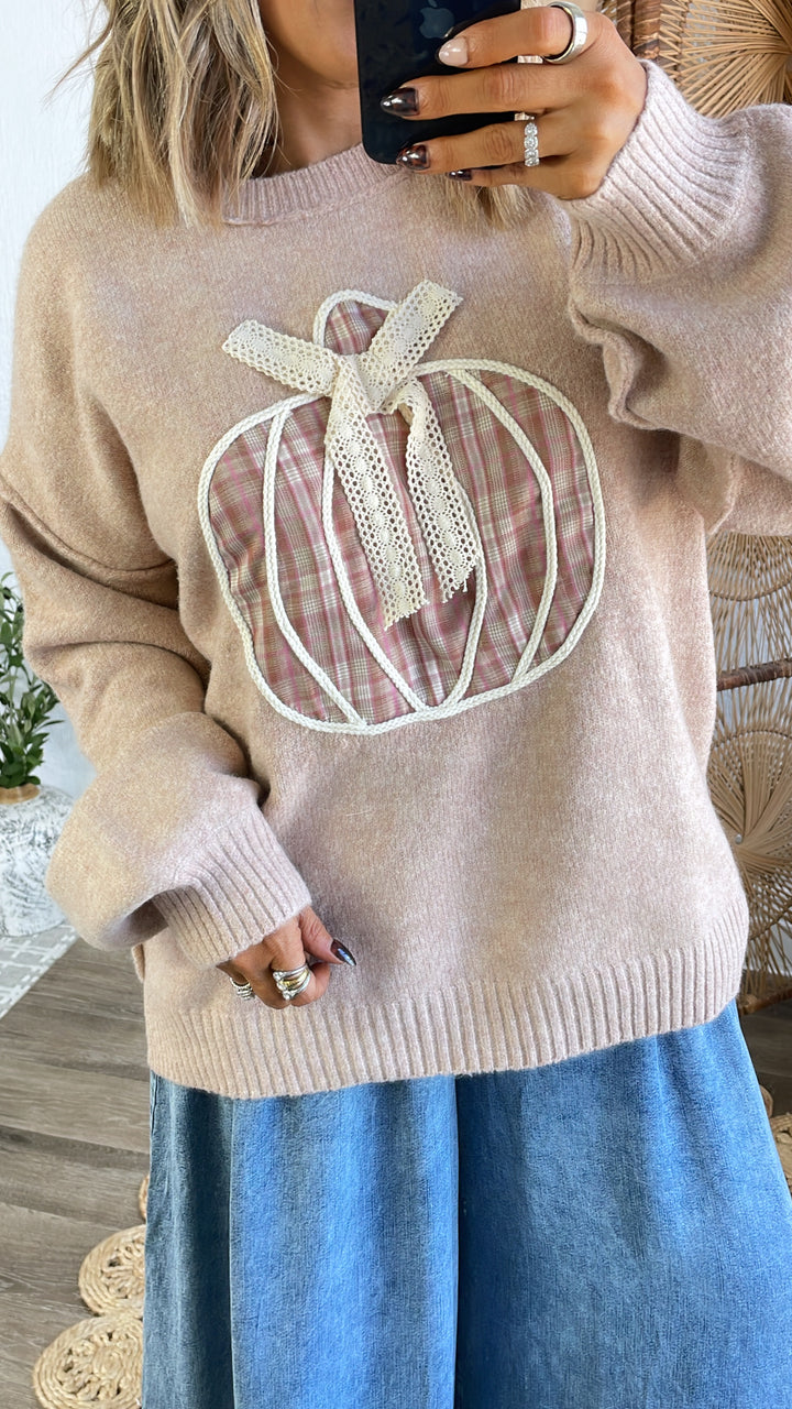 Plaid Pumpkin Cutie Sweater, Oatmeal