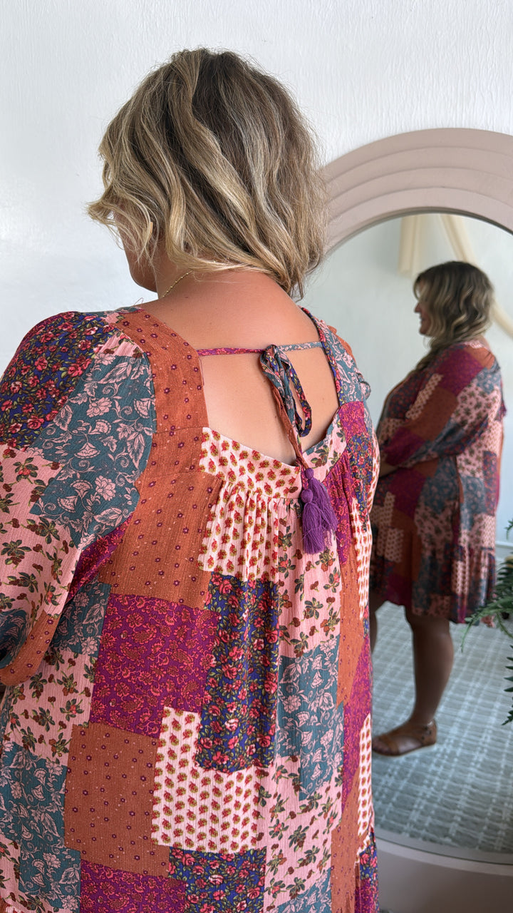 Boho Chic Long Sleeve Patchwork Mini Dress