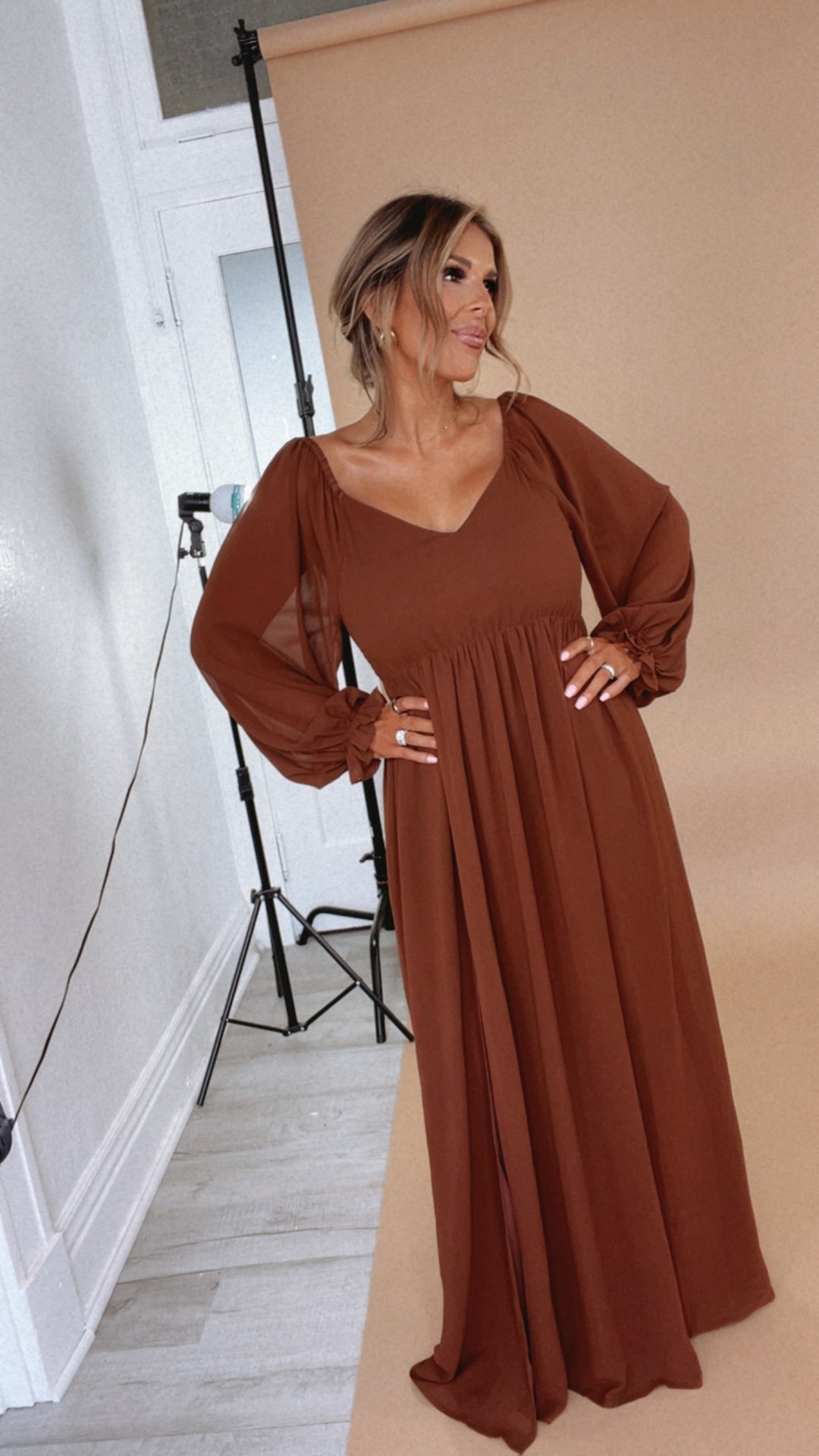 Timeless Romantic Chiffon Maxi Dress, Brown Everyday Chic Boutique Timeless Romantic Chiffon Maxi Dress, Brown Everyday Chic Boutique