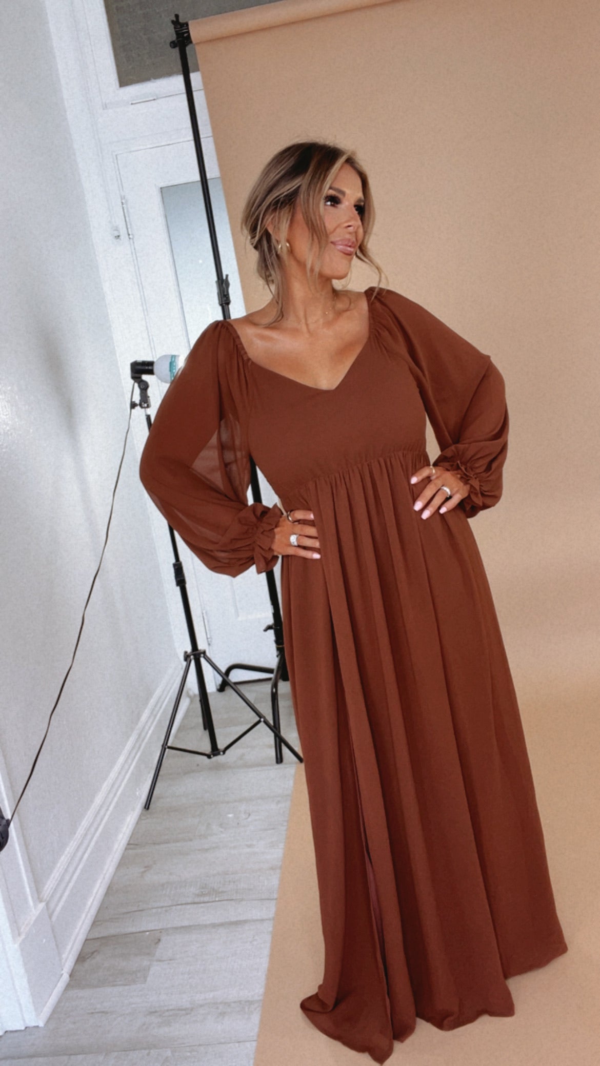 Chiffon Empire Waist Maxi Dress with Pockets Brown