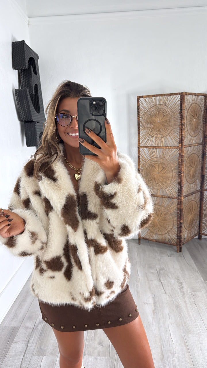 Cow Printed Fur Jacket, Brown/Cream