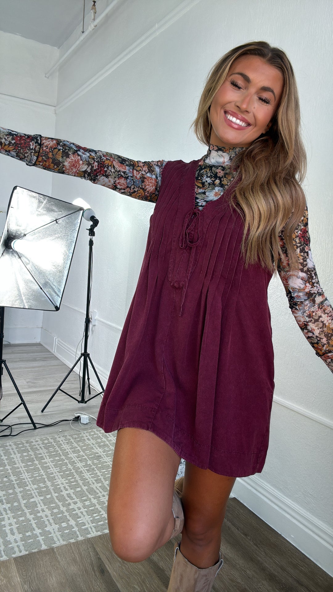 Amarone Aura Pin tuck Detailed Dress, Wine