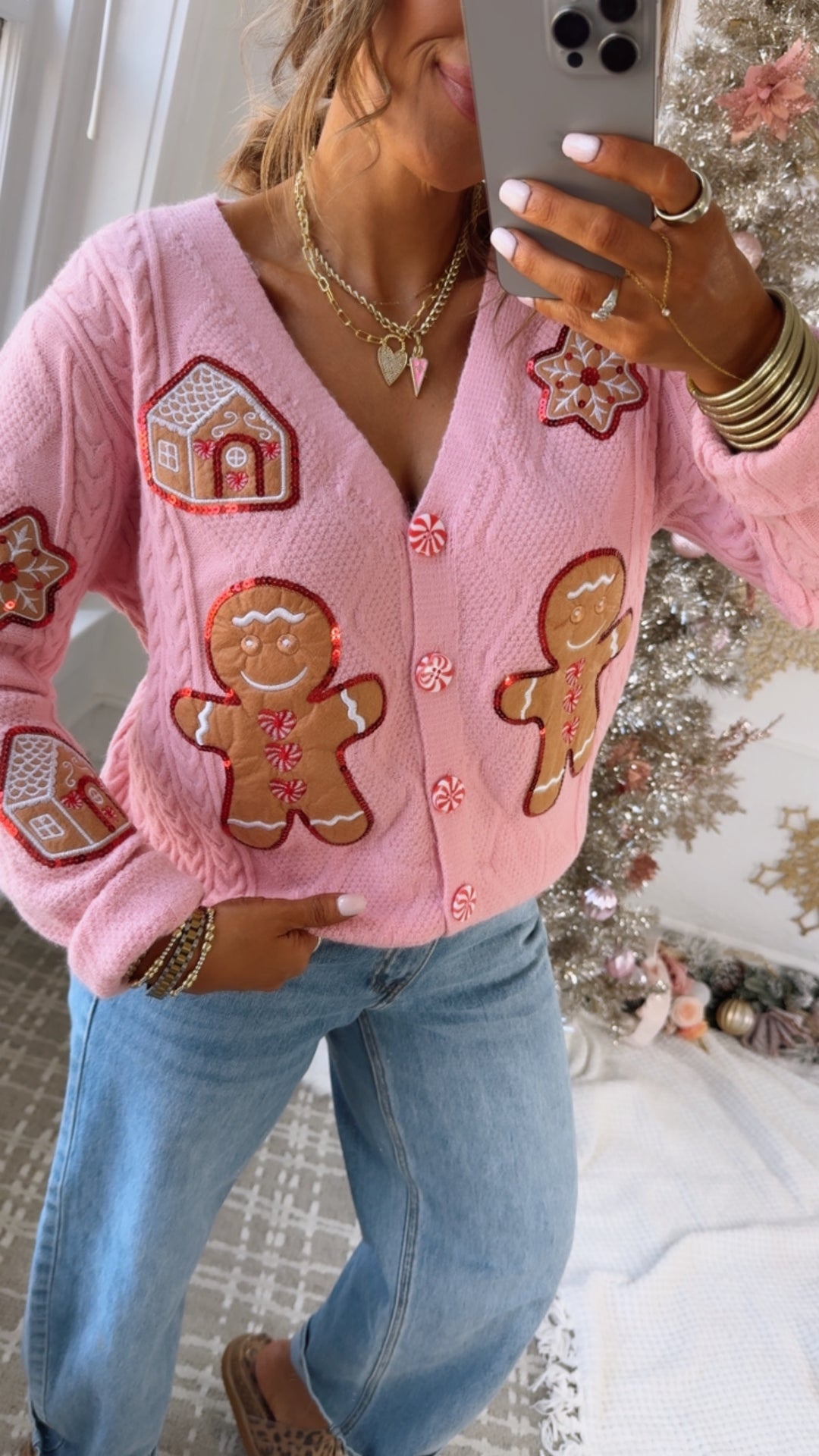 Holiday Gingerbread Man Cardi, Pink