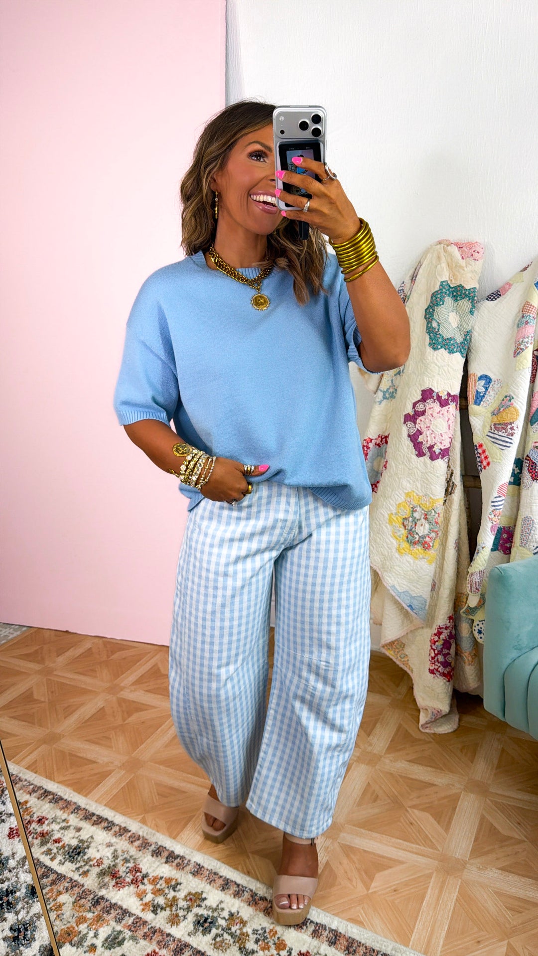 Gingham Blues Barrel Jeans, LT.Blue