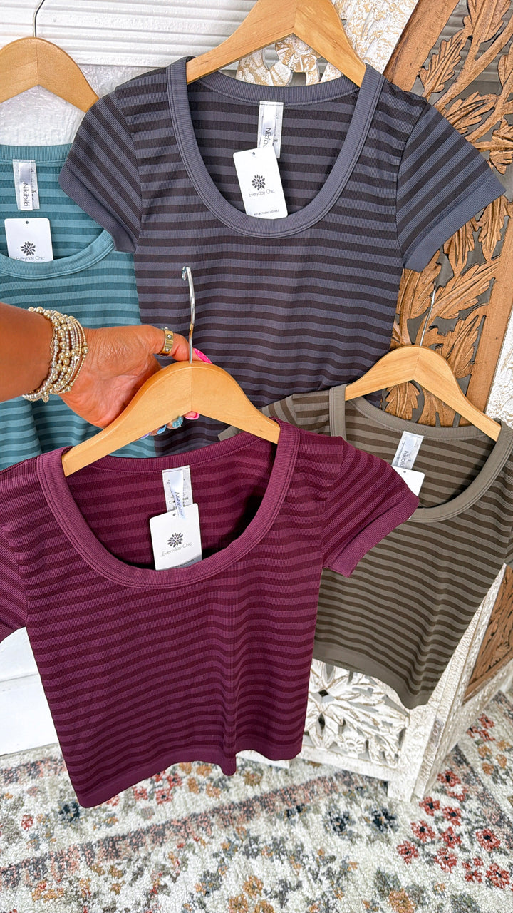 Striped Scoop Neck Top, Rasin