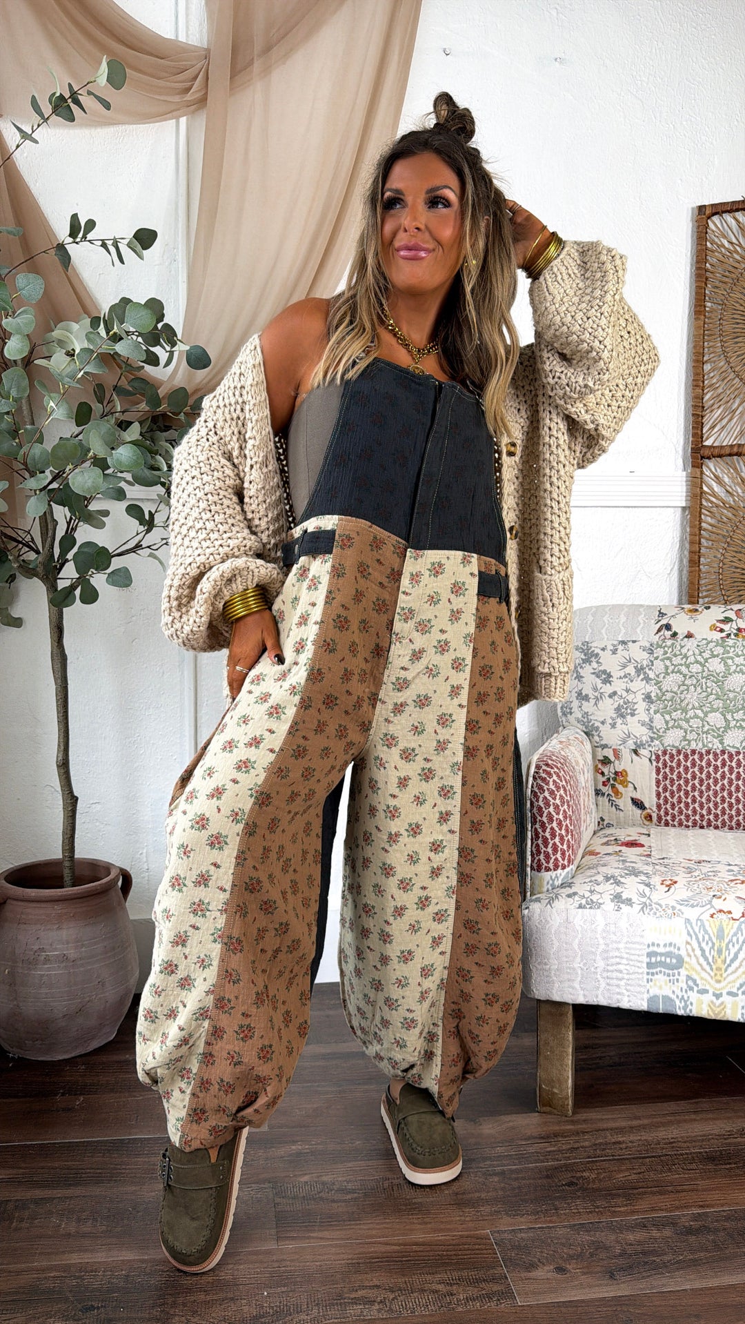 ECB Exclusive: Ruth Overall Bib, Charcoal Ginger Floral