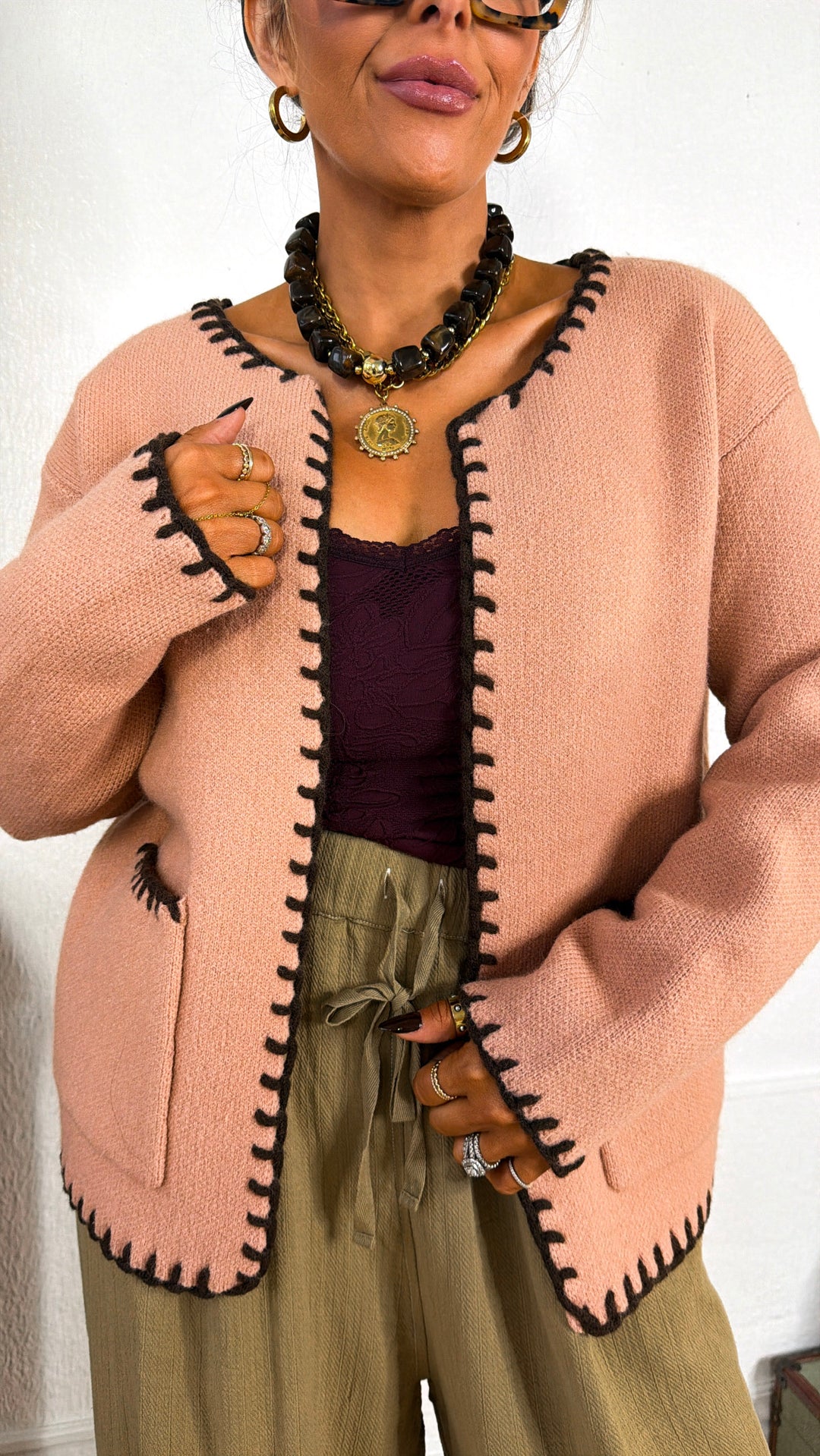 Prescott Stitch Knit Cardigan, Dusty Rose