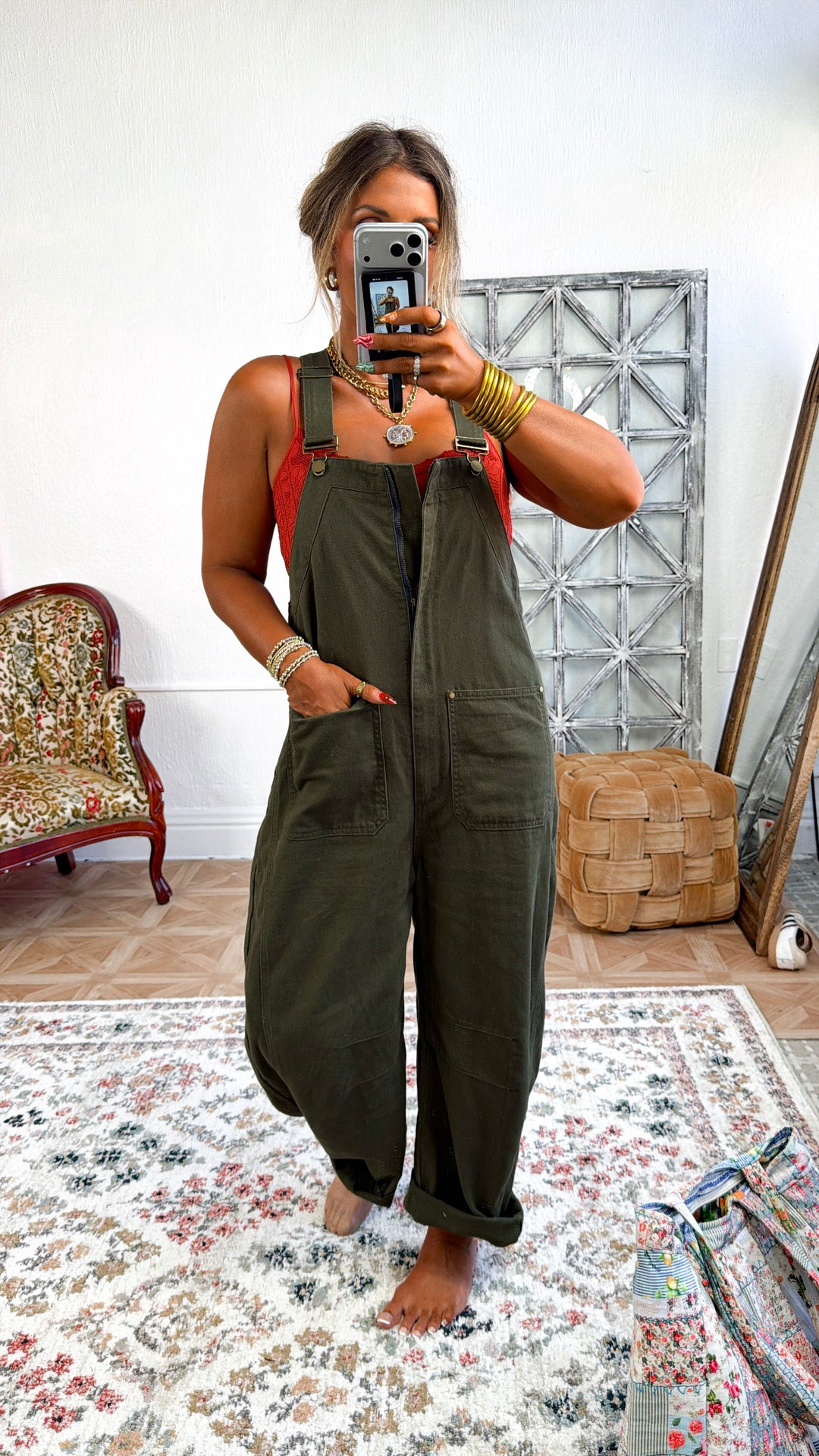 ECB Exclusive: Open Fields Denim Overalls, Olive