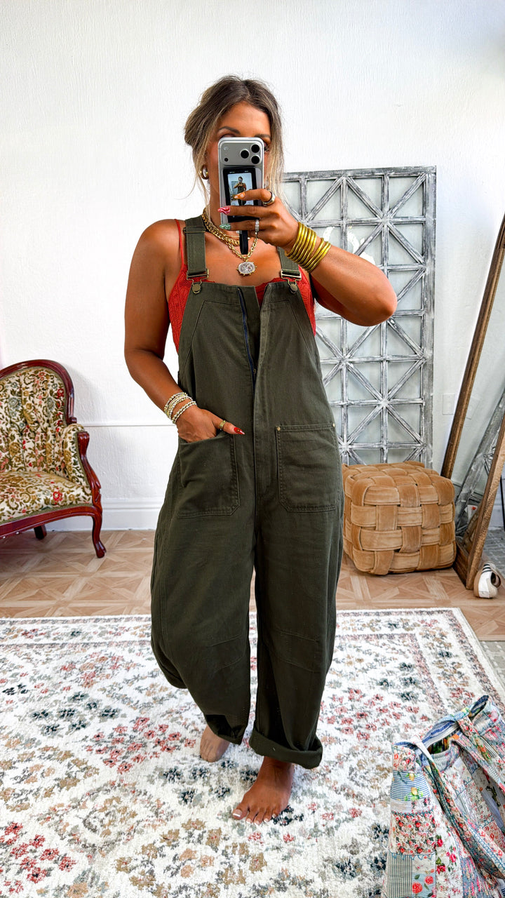 ECB Exclusive: Open Fields Denim Overalls, Olive