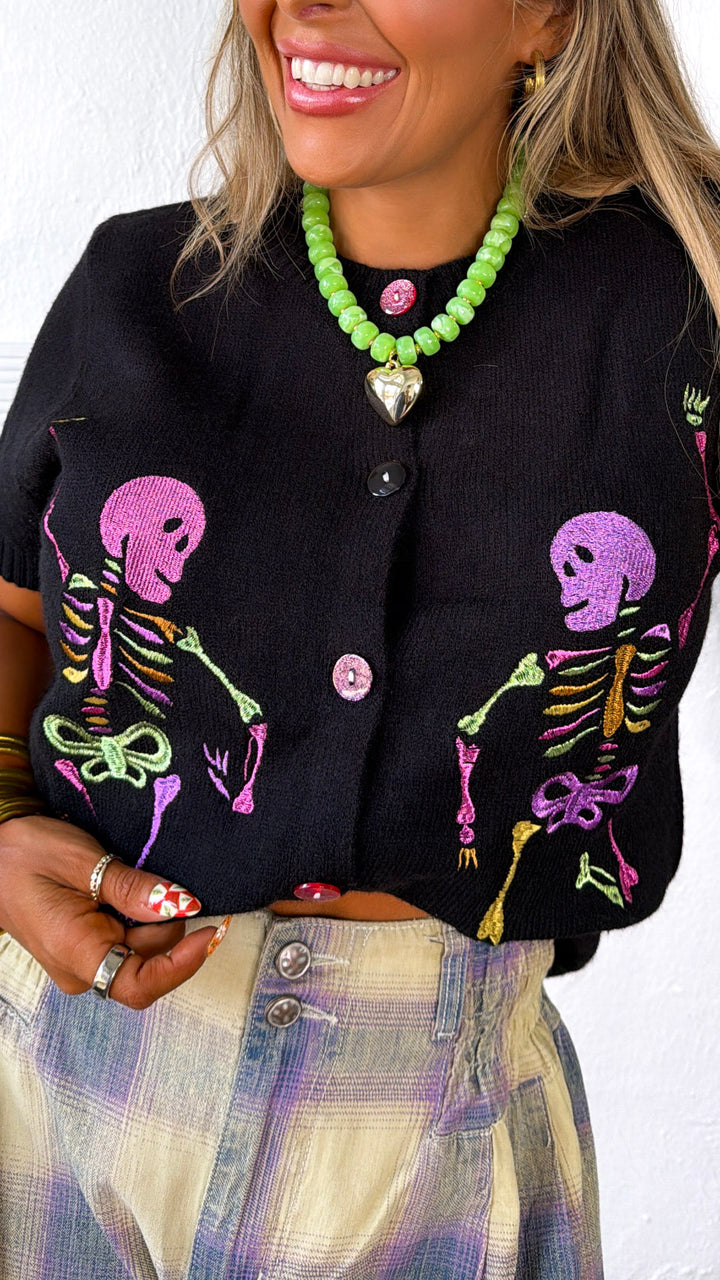 Skeleton Party Knit Cardigan, Black