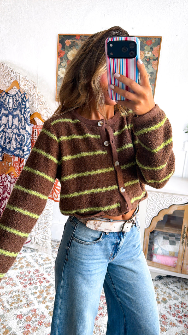 Perfect Layer Stripe Cardigan, Choco/Chartreuse