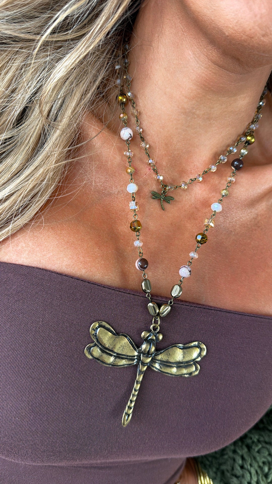 Whispering Bronze Dragonfly Layered Necklace