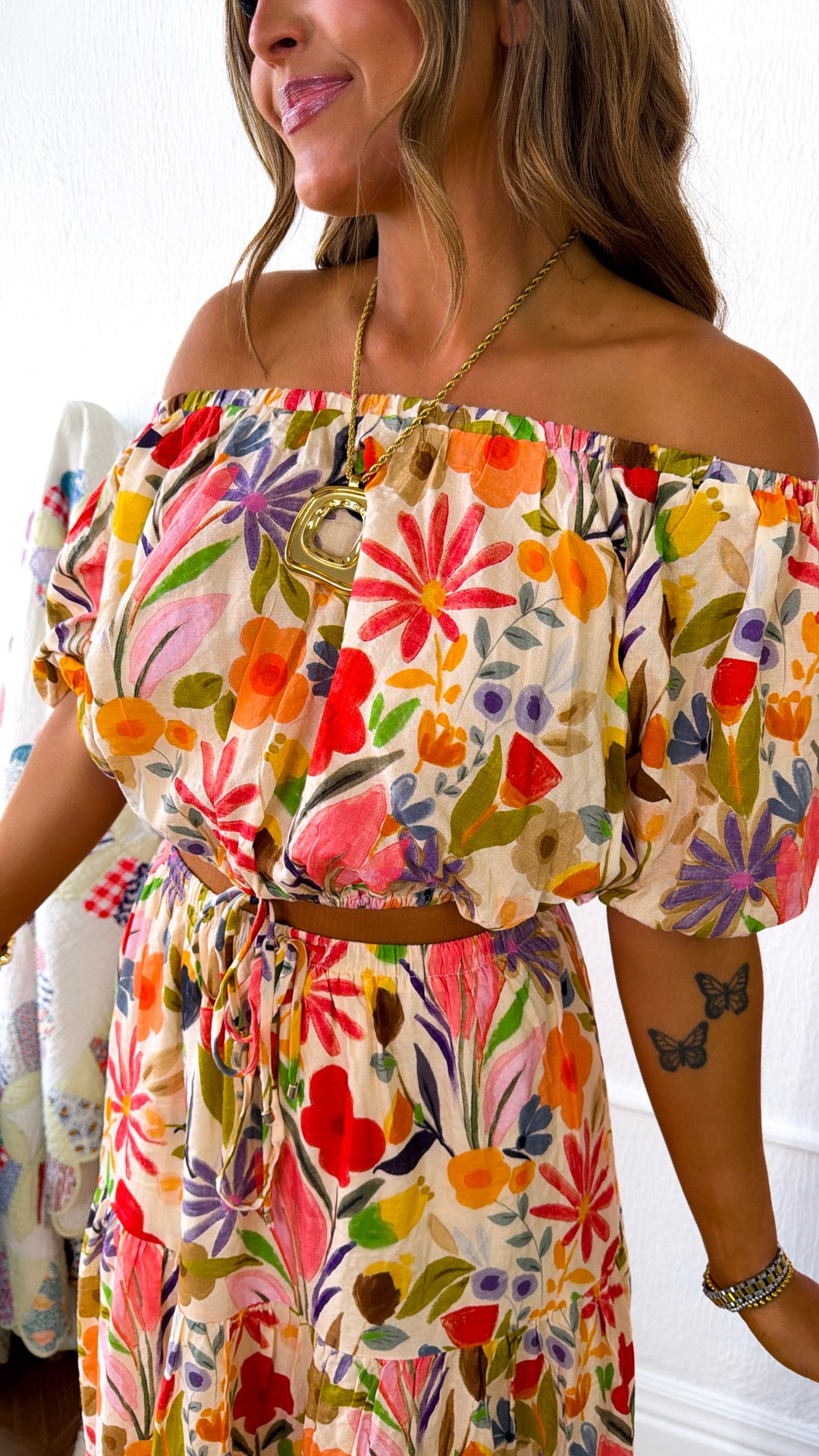 Floral Bouquet Two Piece Set, Tan/Multi