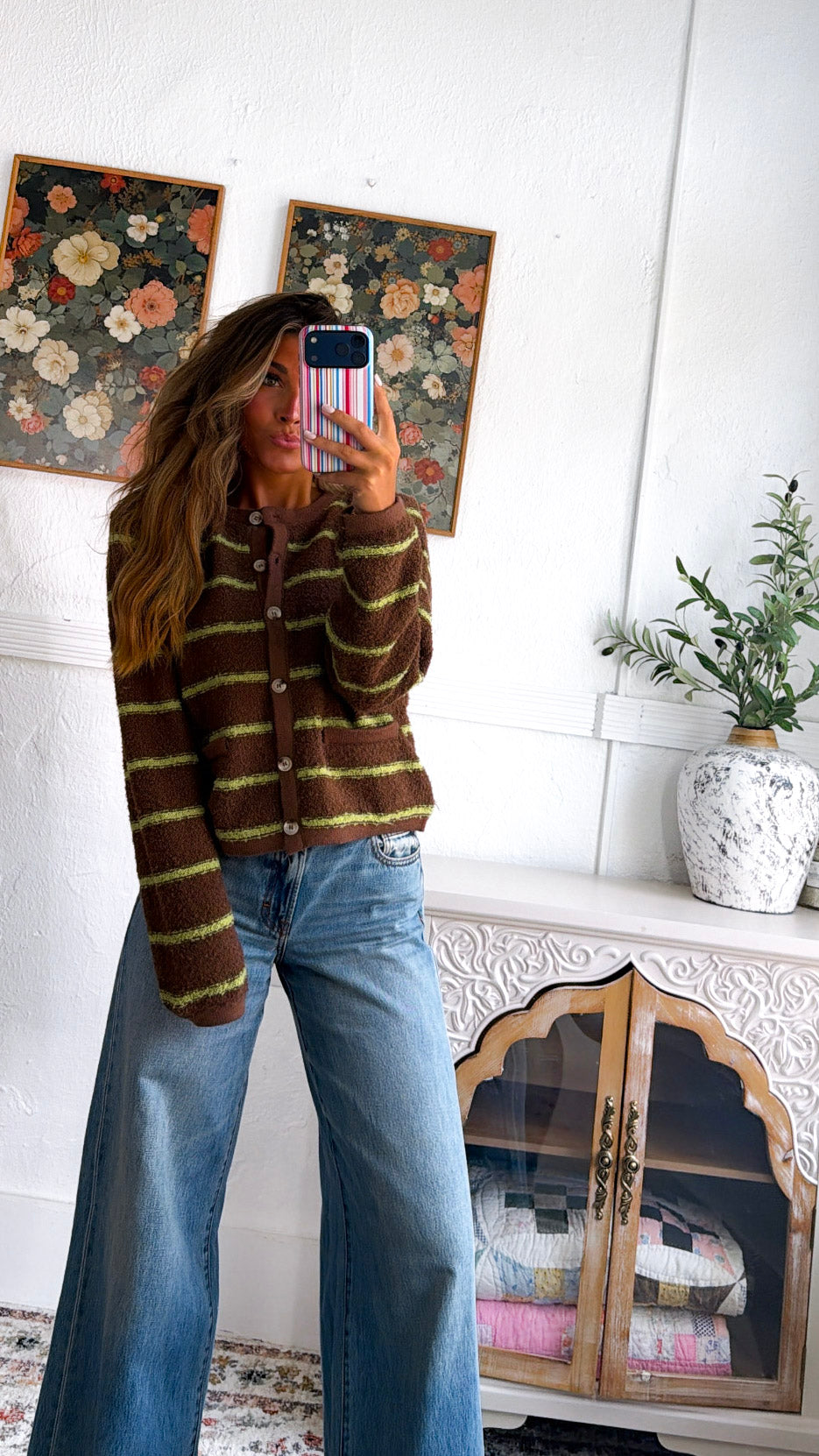 Perfect Layer Stripe Cardigan, Choco/Chartreuse