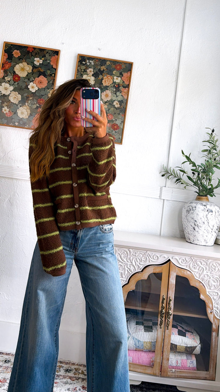 Perfect Layer Stripe Cardigan, Choco/Chartreuse
