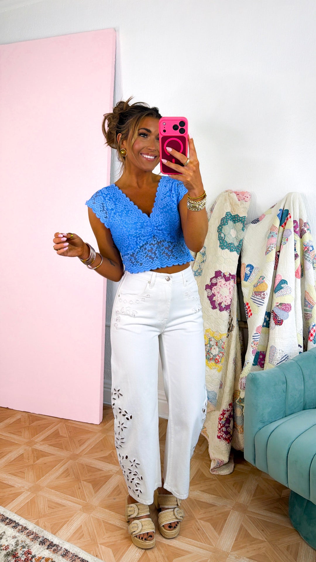 Eyelet Floral Barrel Jeans, White